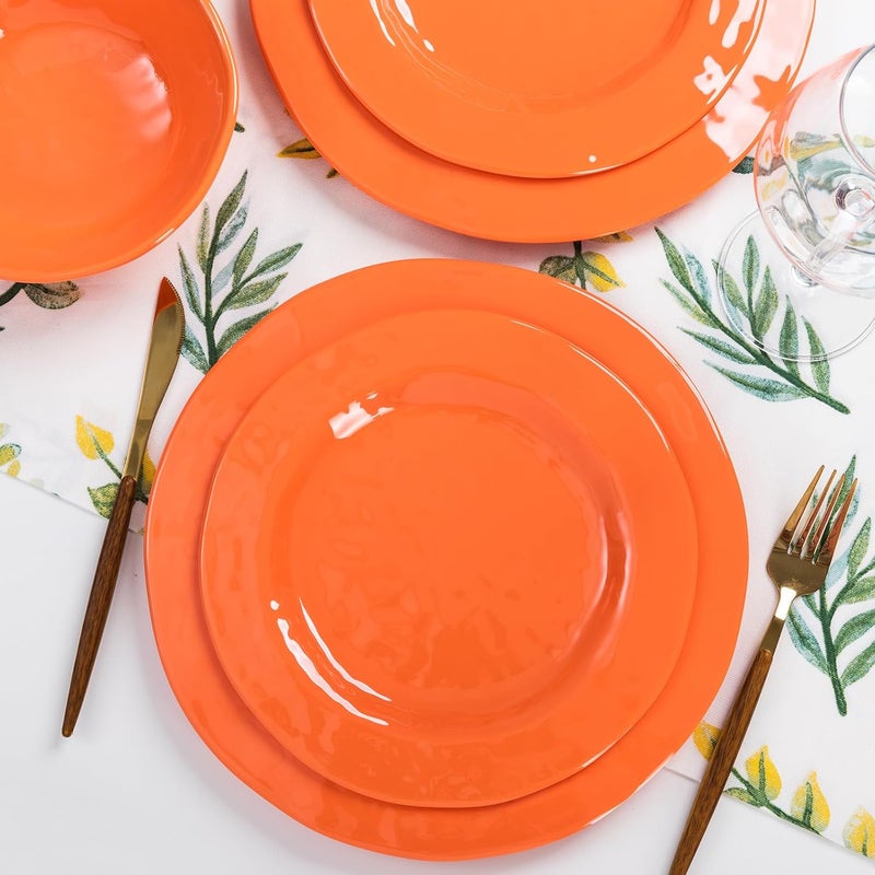 LEHAHA Orange Melamine Dinnerware Set 12 Piece Kitchen Tableware Plates Bowls Dishes Set Lightweight Unbreakable Dinnerware Set for 4 Dishwasher Safe and BPA free - Image 3