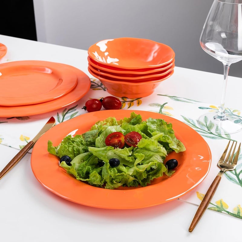 LEHAHA Orange Melamine Dinnerware Set 12 Piece Kitchen Tableware Plates Bowls Dishes Set Lightweight Unbreakable Dinnerware Set for 4 Dishwasher Safe and BPA free - Image 2