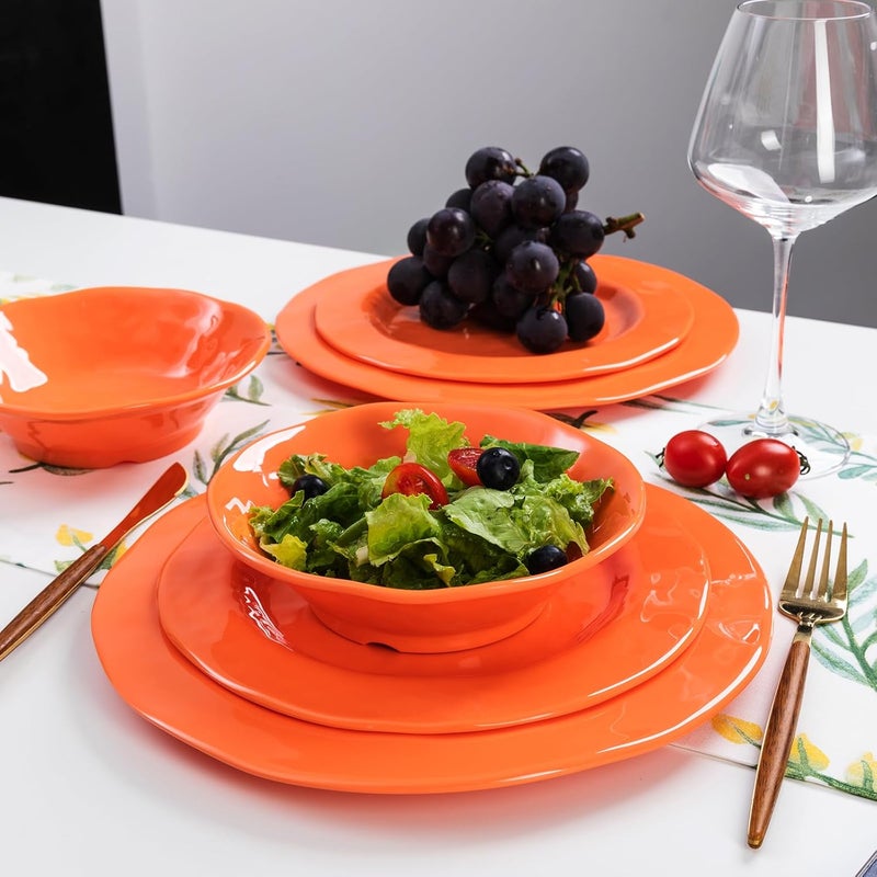 LEHAHA Orange Melamine Dinnerware Set 12 Piece Kitchen Tableware Plates Bowls Dishes Set Lightweight Unbreakable Dinnerware Set for 4 Dishwasher Safe and BPA free - Image 4