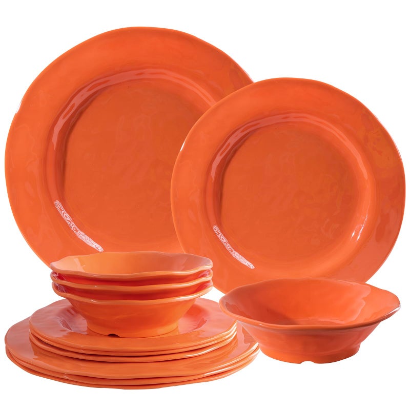 LEHAHA Orange Melamine Dinnerware Set 12 Piece Kitchen Tableware Plates Bowls Dishes Set Lightweight Unbreakable Dinnerware Set for 4 Dishwasher Safe and BPA free - Image 1