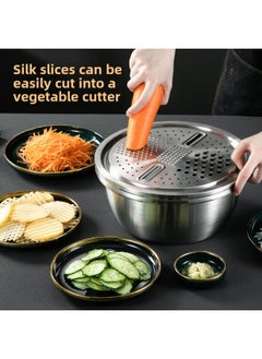 Generic 304 Stainless Steel Basin Food Grade Thickened Grater Basin Rice Washing Sieve Kitchen Vegetable Washing Basin Draining Basin Egg Bowl With Lid-规格:304多用刨丝盆4件套-颜色:30cm  - Image 3