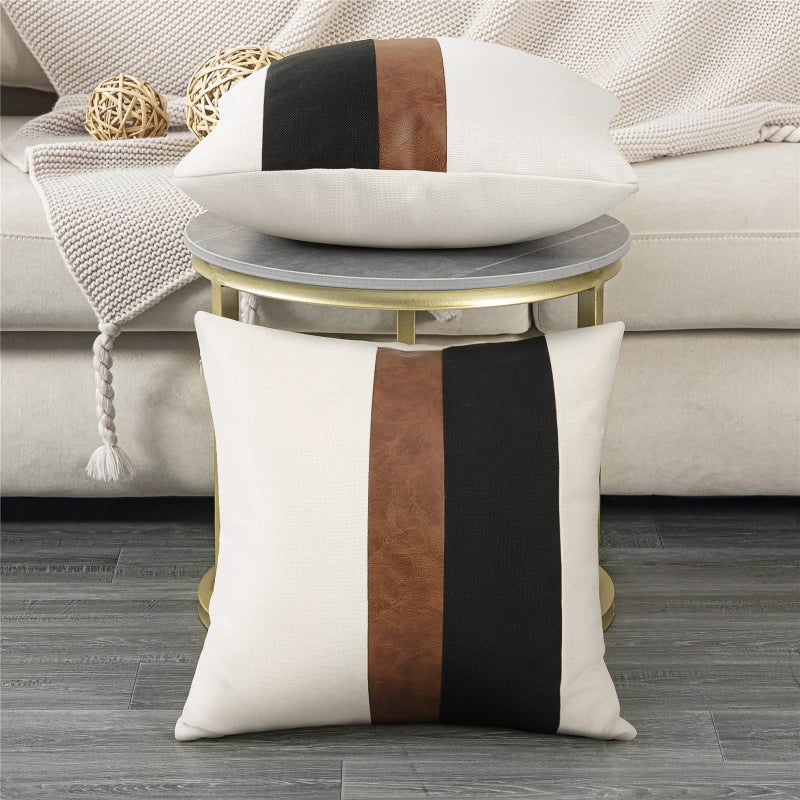 Merrycolor Faux Leather and Linen Throw Pillow Covers Black and White Pillows Decorative Throw Pillows Covers Brown Square Modern Farmhouse Accent Pillow Case 18 x 18 Inch (Black and White) - Image 3