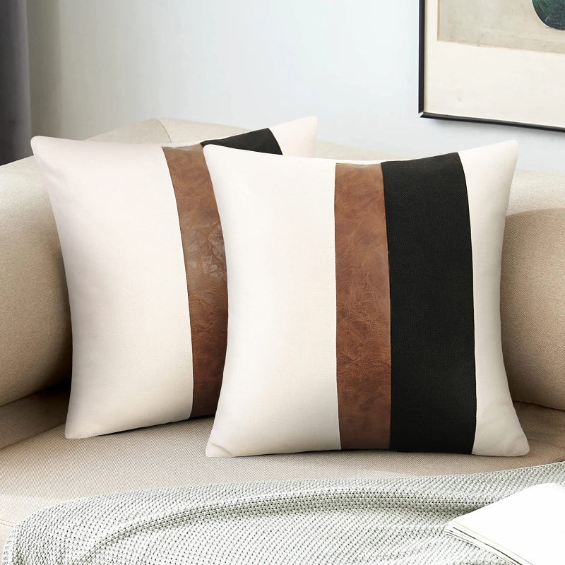 Merrycolor Faux Leather and Linen Throw Pillow Covers Black and White Pillows Decorative Throw Pillows Covers Brown Square Modern Farmhouse Accent Pillow Case 18 x 18 Inch (Black and White) - Image 1
