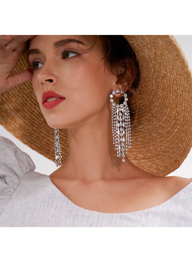 Depend Fashion Earrings, Women Earrings, Silver Needle Rhinestones Tassel Earrings, Personalized Zircon Flash Diamonds, Silver Tassel Full Long Chain Drop Dangle Earrings For Women - Image 1