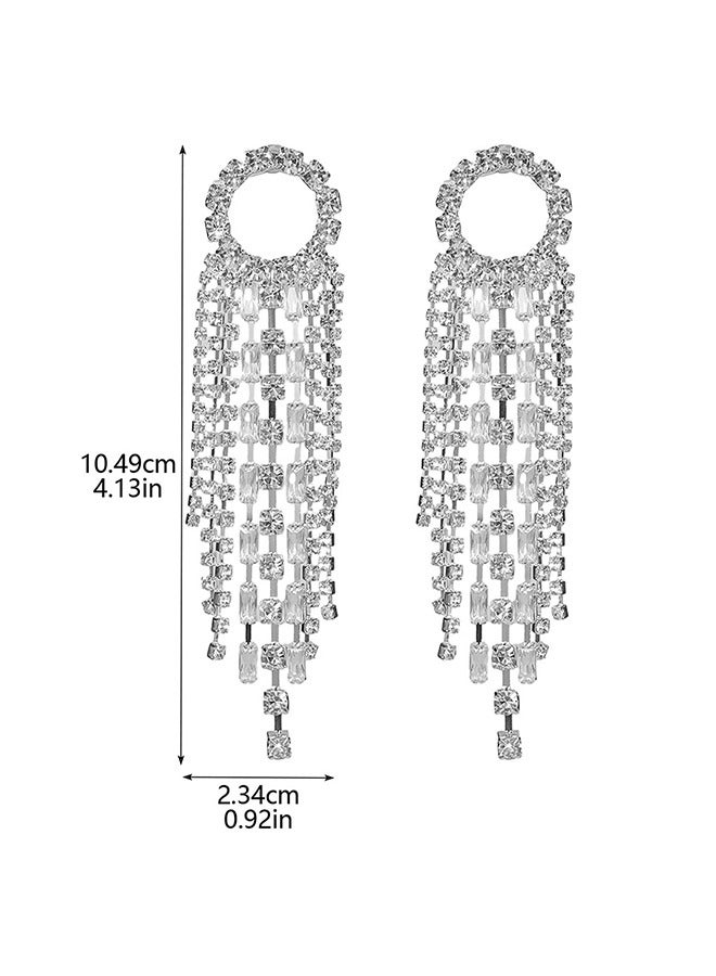 Depend Fashion Earrings, Women Earrings, Silver Needle Rhinestones Tassel Earrings, Personalized Zircon Flash Diamonds, Silver Tassel Full Long Chain Drop Dangle Earrings For Women - Image 4