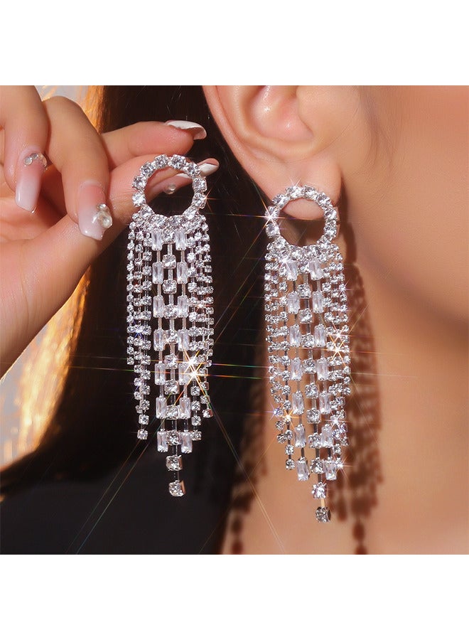 Depend Fashion Earrings, Women Earrings, Silver Needle Rhinestones Tassel Earrings, Personalized Zircon Flash Diamonds, Silver Tassel Full Long Chain Drop Dangle Earrings For Women - Image 2