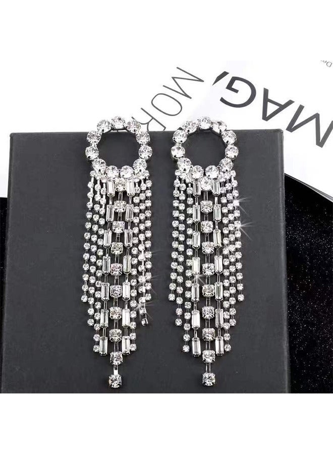 Depend Fashion Earrings, Women Earrings, Silver Needle Rhinestones Tassel Earrings, Personalized Zircon Flash Diamonds, Silver Tassel Full Long Chain Drop Dangle Earrings For Women - Image 3