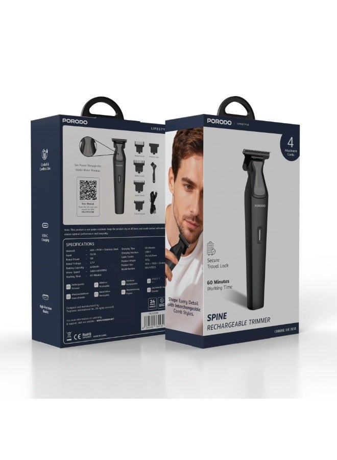 porodo Spine Rechargeable Trimmer / Stainless Steel Blades / 5400–6800RPM Motor / Corded & Cordless Use / 60 Min Runtime / USB Rechargeable / Travel Lock - Black - Image 3