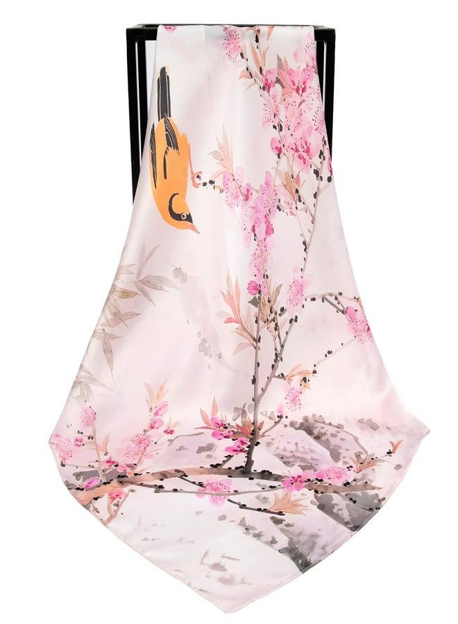 NaSoPerfect 27 inch Silk Feeling Scarf Square Satin Head Scarves Fashion Neck Scarfs for Women, 25 Flowers and Birds Pink, 27" x 27" - Image 3