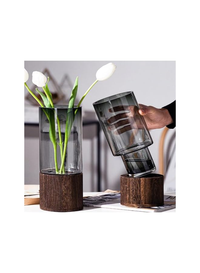 The Bros مزهرية زهور زجاجية أسطوانية ريفية مع قاعدة خشبية مزهرية شفافة لتزيين المنزل الزفاف المكتب (كبير) - Image 5