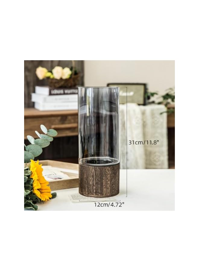 The Bros مزهرية زهور زجاجية أسطوانية ريفية مع قاعدة خشبية مزهرية شفافة لتزيين المنزل الزفاف المكتب (كبير) - Image 2