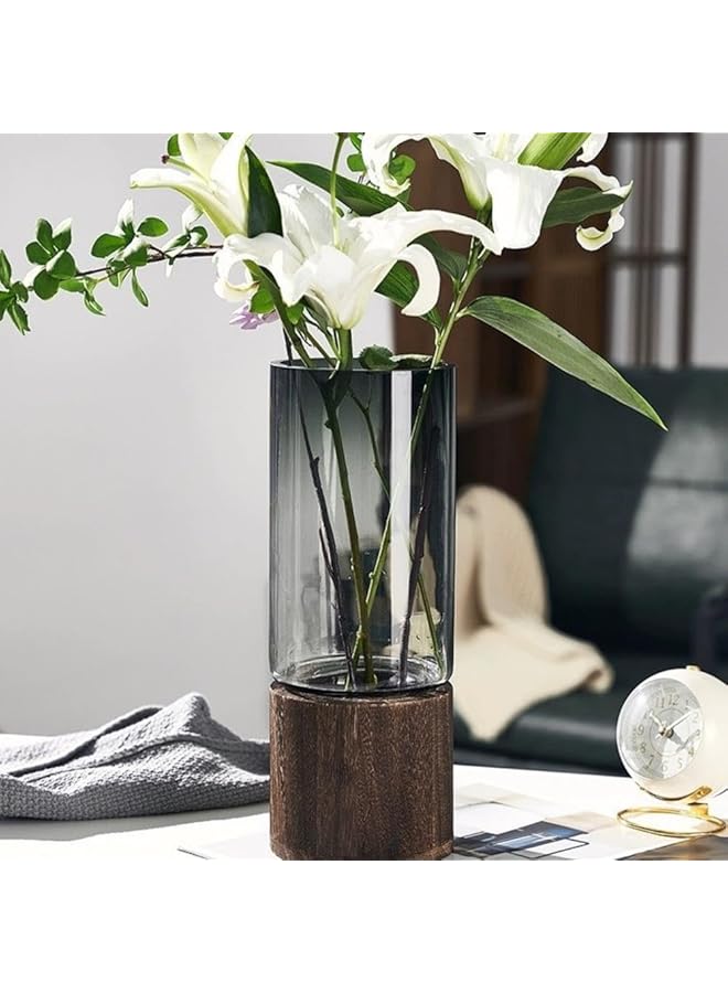 The Bros مزهرية زهور زجاجية أسطوانية ريفية مع قاعدة خشبية مزهرية شفافة لتزيين المنزل الزفاف المكتب (كبير) - Image 1