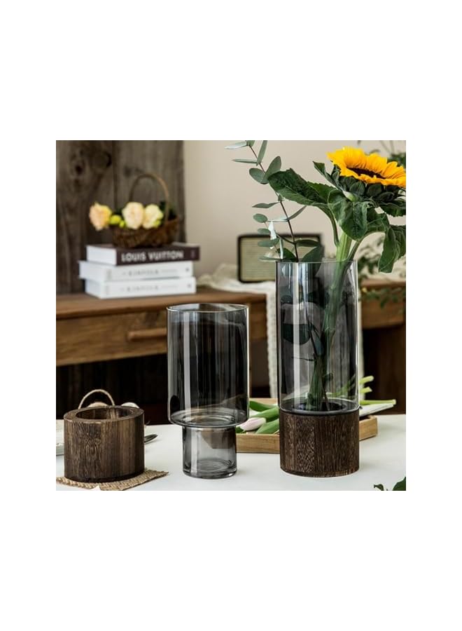 The Bros مزهرية زهور زجاجية أسطوانية ريفية مع قاعدة خشبية مزهرية شفافة لتزيين المنزل الزفاف المكتب (كبير) - Image 4
