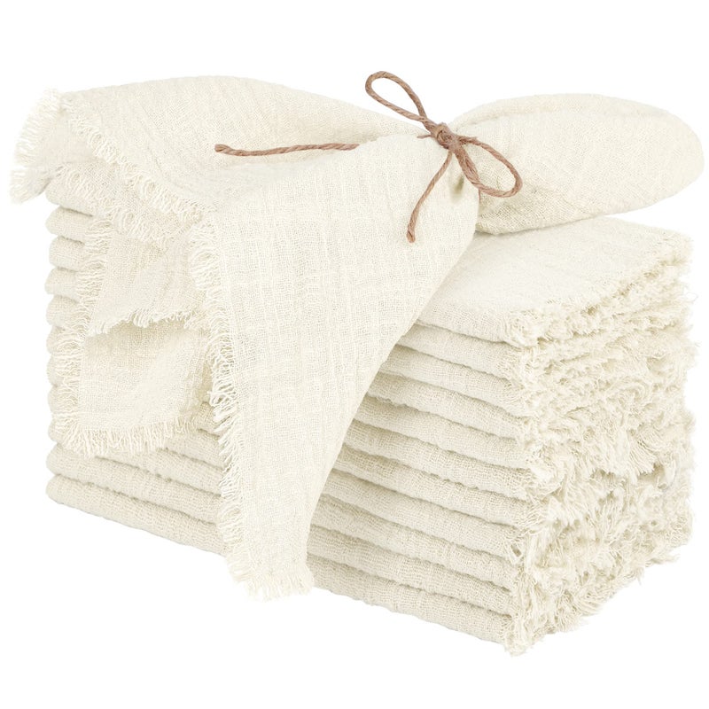 TURSTIN 12 Pieces Cotton Linen Cloth Napkin Handmade Cloth Napkin with Fringe 17 x 17 Inch Soft Cloth Dinner Wedding Napkin Square Rustic Fringe Napkin for Dinners  Parties  Weddings  Ivory - Image 1