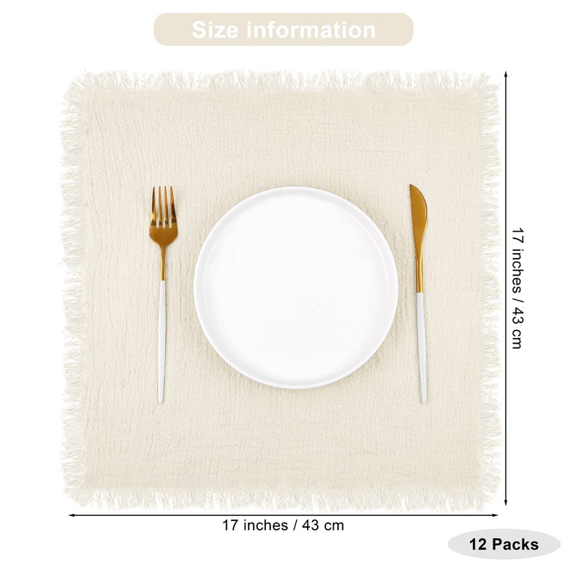 TURSTIN 12 Pieces Cotton Linen Cloth Napkin Handmade Cloth Napkin with Fringe 17 x 17 Inch Soft Cloth Dinner Wedding Napkin Square Rustic Fringe Napkin for Dinners  Parties  Weddings  Ivory - Image 2