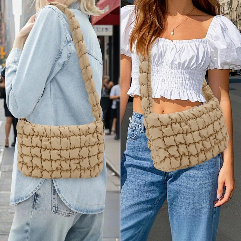 E-Tree Puffer Tote Bag Purse Quilted Hobo Carryall Crossbody Shoulder Handbag for Women (Khaki) - Image 2
