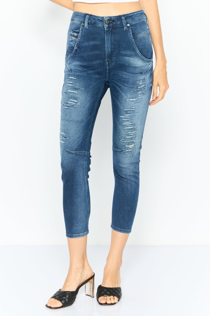 DIESEL Women Regular Fit Rip Stretchable Jeans, Blue - Image 1