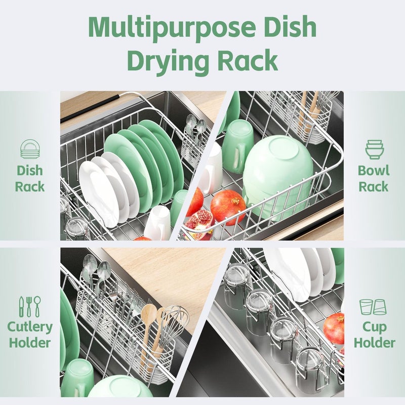 Fanbsy Small Dish Drying Rack in Sink, Extendable Stainless Steel Dish Drainers for Kitchen Counter, Anti-Rust Dish Dryer Rack with Utensil & Cup Holders, for Inside Sink, Over The Sink(for 1-2 People) - Image 4