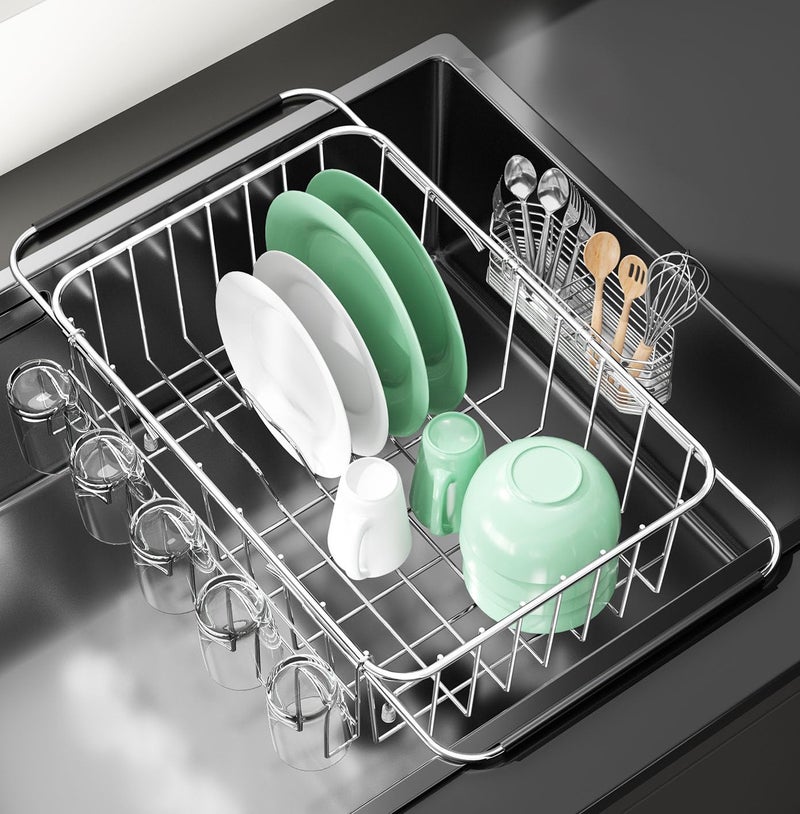 Fanbsy Small Dish Drying Rack in Sink, Extendable Stainless Steel Dish Drainers for Kitchen Counter, Anti-Rust Dish Dryer Rack with Utensil & Cup Holders, for Inside Sink, Over The Sink(for 1-2 People) - Image 1