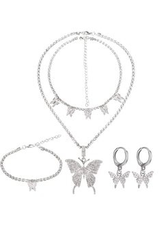 Hicarer Big Butterfly Pendant Necklace Rhinestone Chain Shiny Crystal Choker Pendant Collar Necklace And Butterfly Bracelet Butterfly Earrings Jewelry For Women Girl (Silver)  - Image 1