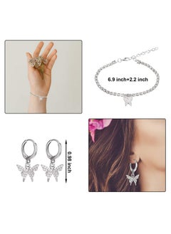 Hicarer Big Butterfly Pendant Necklace Rhinestone Chain Shiny Crystal Choker Pendant Collar Necklace And Butterfly Bracelet Butterfly Earrings Jewelry For Women Girl (Silver)  - Image 3