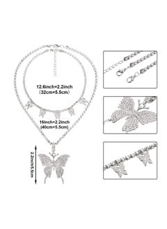 Hicarer Big Butterfly Pendant Necklace Rhinestone Chain Shiny Crystal Choker Pendant Collar Necklace And Butterfly Bracelet Butterfly Earrings Jewelry For Women Girl (Silver)  - Image 2