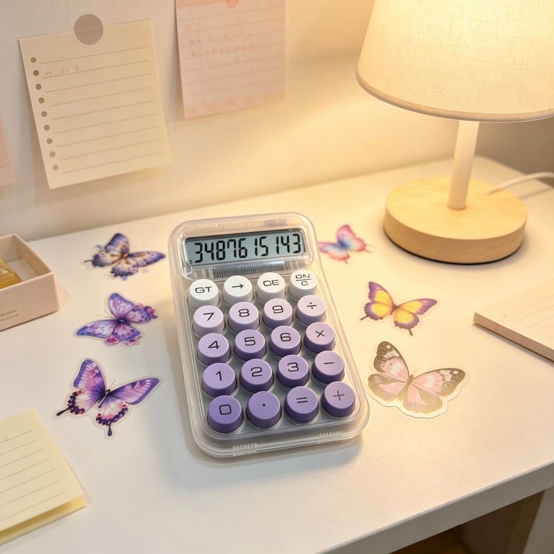 Purple Transparent Case Macaron Colored Calculator with Random Transparent Butterfly Sticker Gift Large Key Silent Design Universal for Office Study Homework Exam Finance Large Screen Clear Readable Easy High Aesthetic Portable Electronic - Image 1