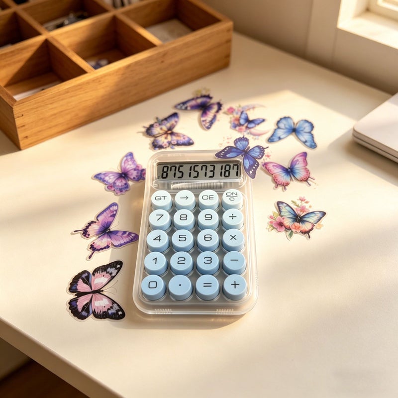 Purple Transparent Case Macaron Colored Calculator with Random Transparent Butterfly Sticker Gift Large Key Silent Design Universal for Office Study Homework Exam Finance Large Screen Clear Readable Easy High Aesthetic Portable Electronic - Image 4