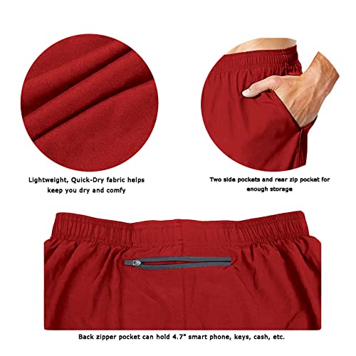 EZRUN Men's 5 Inches Running Workout Shorts Quick Dry Lightweight Athletic Shorts with Liner Zipper Pockets,Red,XL - Image 4