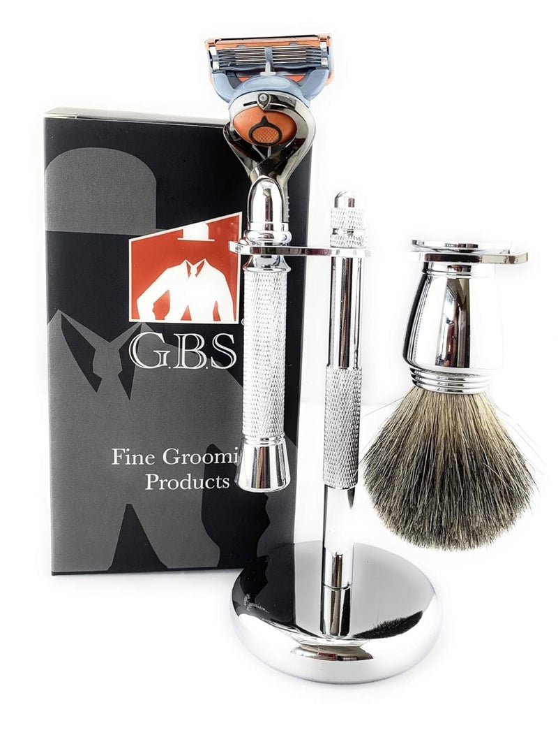 G.B.S Chrome Shaving Set for Men 5 Blade Chrome Razor- Flex ball Handle Razor with Flex ball Pivot Ball technology, Shaving Brush, Chrome Razor Stand Grooming Set 3 PCS