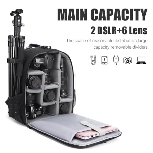 Caden حقيبة ظهر كاميرا CADeN احترافية لكاميرات DSLR/SLR بدون مرآة مقاومة للماء، حقيبة كاميرا متوافقة مع كاميرات وعدسات Sony وCanon وNikon وإكسسوارات الحامل (كبيرة، 5.0 سوداء) - Image 2
