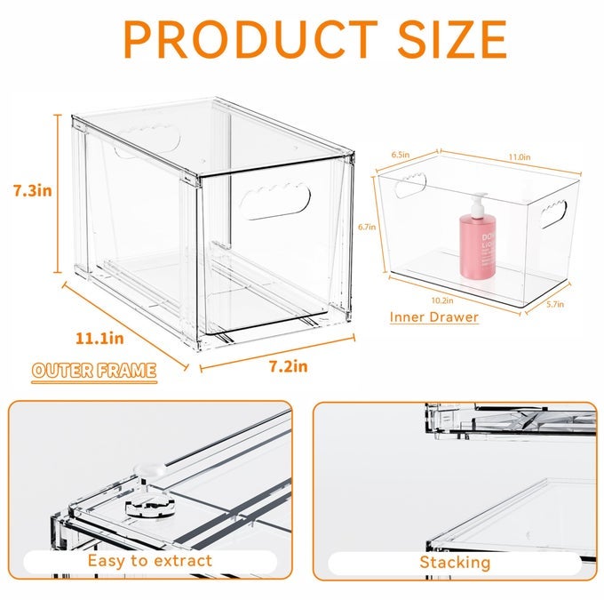 Yieach 4 Pack Large Stackable Storage Drawers,Clear Acrylic Drawer Organizers and Baby Bottle Organizer for Countertop,Cabinet,Bathroom,Pantry,Office Closet Organizers and Brightroom Storage Bins - Image 2