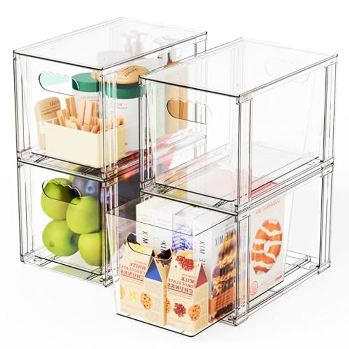 Yieach 4 Pack Large Stackable Storage Drawers,Clear Acrylic Drawer Organizers and Baby Bottle Organizer for Countertop,Cabinet,Bathroom,Pantry,Office Closet Organizers and Brightroom Storage Bins - Image 1