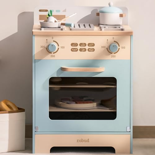 ROBUD Wooden Kids Oven Realistic Wooden Play Kitchen Set Pretend Play Kitchen Accessories Toy Kitchen Set for Kids with Cupcakes Pizza Tray Best Gift for Boys Girls - Image 1