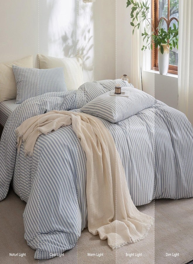FOSSA Striped Duvet Cover Set 100% Washed Cotton Linen Feel Super Soft Breathable Cozy 3 Pieces Bedding Sets Cornflower Blue White Classic Stripes King - Image 5