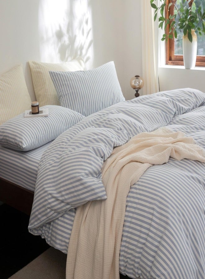 FOSSA Striped Duvet Cover Set 100% Washed Cotton Linen Feel Super Soft Breathable Cozy 3 Pieces Bedding Sets Cornflower Blue White Classic Stripes King - Image 2