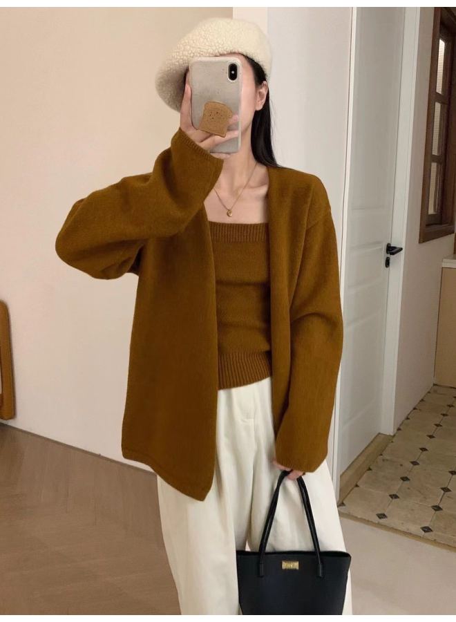 Leyuan Autumn Winter Solid Color Loose Slimming High-end Sense Camisole Knit Cardigan Two-piece Set Women's Sweater Top - Image 2