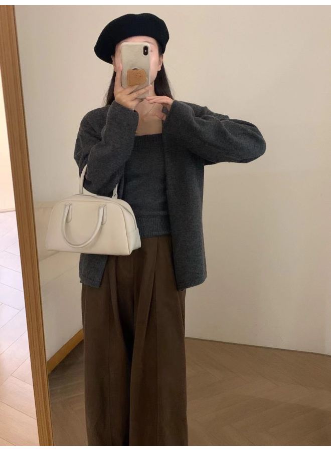 Leyuan Autumn Winter Solid Color Loose Slimming High-end Sense Camisole Knit Cardigan Two-piece Set Women's Sweater Top - Image 4