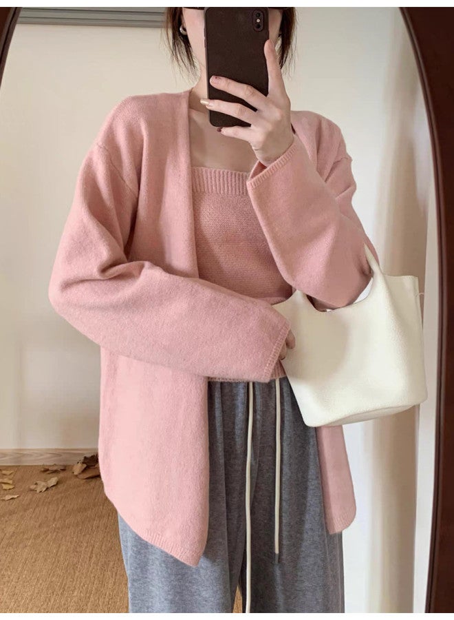 Leyuan Autumn Winter Solid Color Loose Slimming High-end Sense Camisole Knit Cardigan Two-piece Set Women's Sweater Top - Image 1
