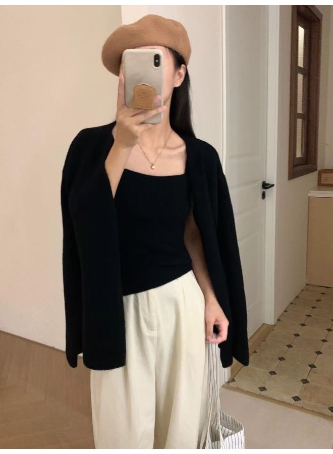 Leyuan Autumn Winter Solid Color Loose Slimming High-end Sense Camisole Knit Cardigan Two-piece Set Women's Sweater Top - Image 3
