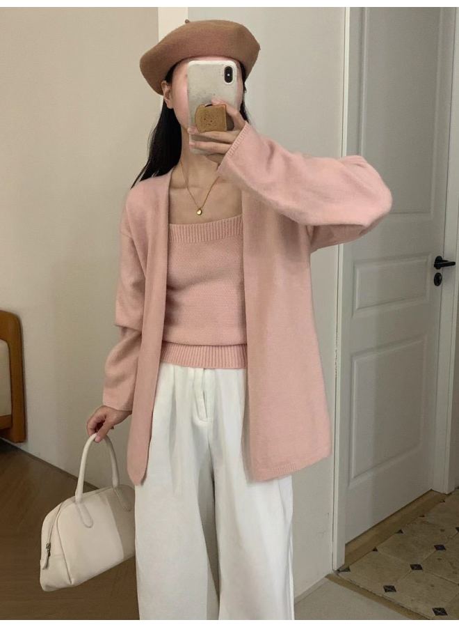 Leyuan Autumn Winter Solid Color Loose Slimming High-end Sense Camisole Knit Cardigan Two-piece Set Women's Sweater Top - Image 5