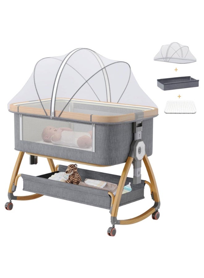 LIODUX Baby Bassinet, Bedside Bassinet for Baby, 6 Height Adjustable Babies Bed, 3 in 1 Easy Folding Bassinets with Wheels, Babies Cradle, Mosquito Net, Portable Crib for Infant/Newborn, Grey - Image 1