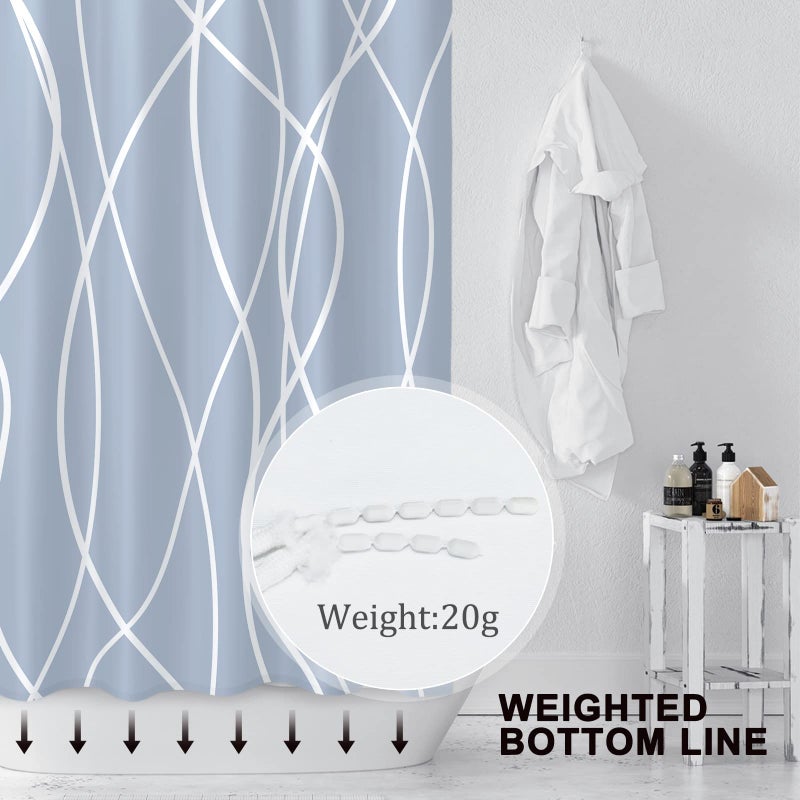 Punkray Light Blue Shower Curtain for Bathroom with Hooks Shower Curtain Set White Stripe Bath Curtains Decorative Shower Curtains Water Repellent Washable  72x72 - Image 3