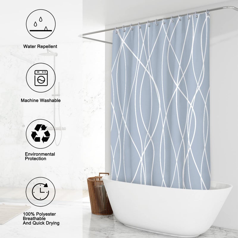Punkray Light Blue Shower Curtain for Bathroom with Hooks Shower Curtain Set White Stripe Bath Curtains Decorative Shower Curtains Water Repellent Washable  72x72 - Image 2