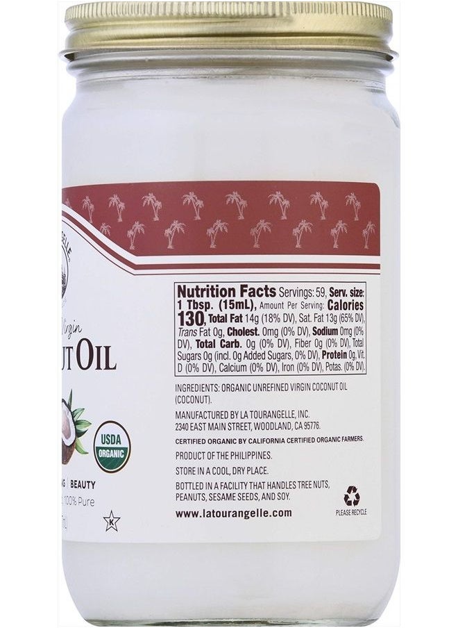 La Tourangelle , Organic Virgin Unrefined Coconut Oil, Great for Cooking, Baking, Hair, and Skin Care, Bold, Aromatic, and Flavorful, Source of MCTs, 30 fl oz  - Image 3