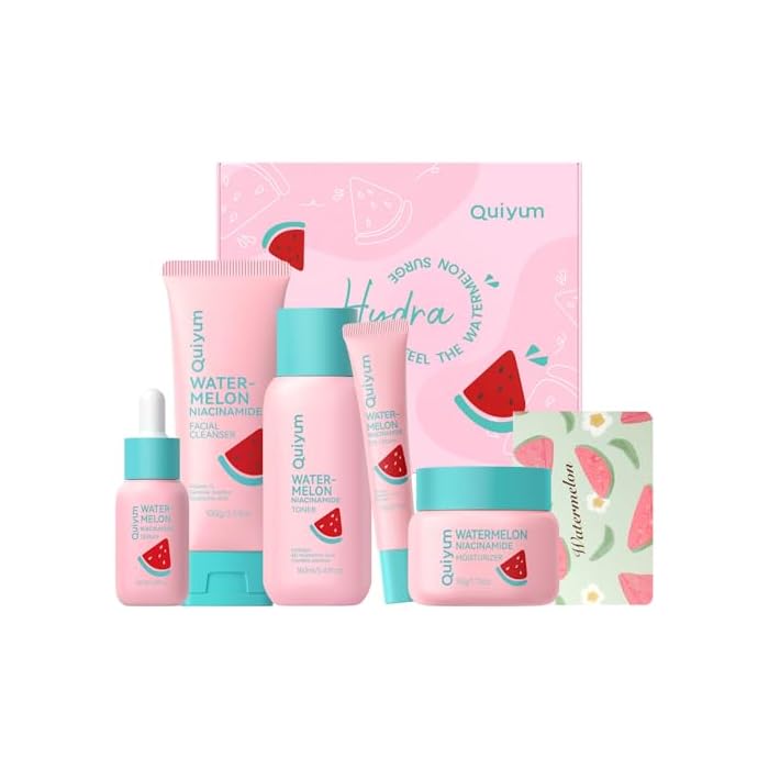 QUIYUM Watermelon Niacinamide Skin Care Set, Skincare for Teens Girls 5 Pcs | Gift Set with Cleanser, Toner, Eye Cream, Moisturizer, Serum, Glow Up Facial Routine for Beginner, for All Skin Types