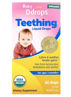 Ddrops Organic Baby Teething Liquid Drops For Ages 3 Months+ 60 Drops 0.06 fl oz (1.7 ml) 