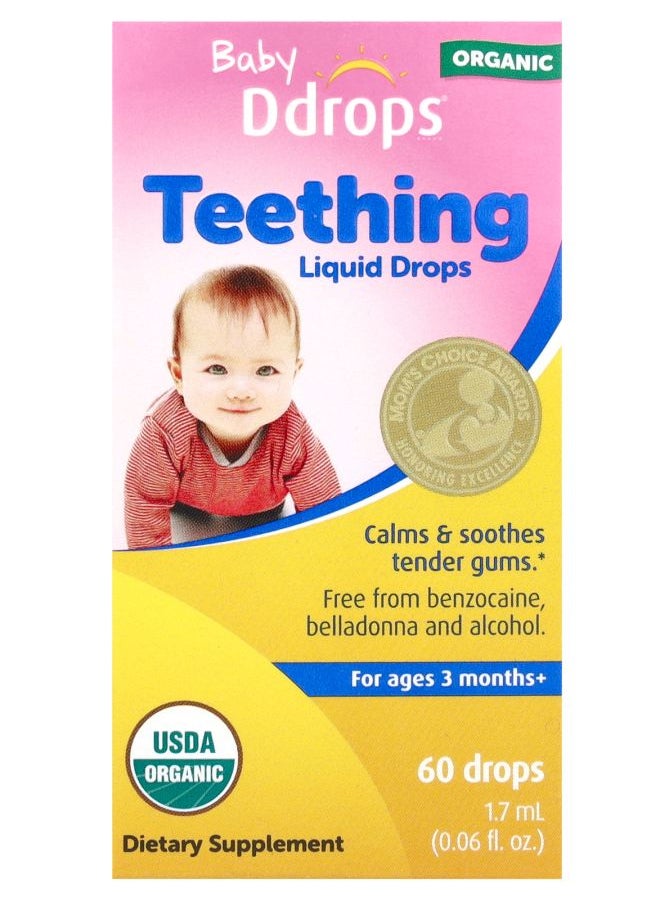 Ddrops Organic Baby Teething Liquid Drops For Ages 3 Months+ 60 Drops 0.06 fl oz (1.7 ml) 