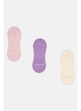 Women 3 Pieces Brand Logo Invisible Socks, Cream/Lavender/Purple