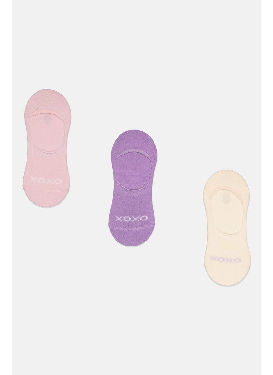 XOXO - Women 3 Pieces Brand Logo Invisible Socks, Cream/Lavender/Purple - Image 1
